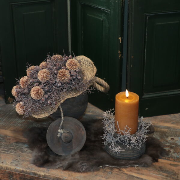 Compleet houten pot, toef, bondje standaard en kaars